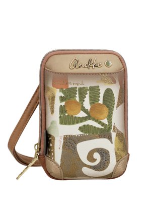 Piccola borsa a tracolla beige con motivi astratti verdi, dorati e arancioni, cerniera dorata e cinturino per polso sul lato.