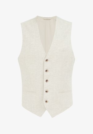 Licht beige linnen vest met een V-hals, zes knopen aan de voorkant en twee zakken. Gladde textuur met een subtiel geweven patroon.