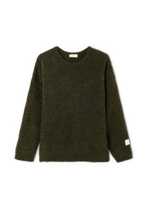 Dunkelgrüner Strickpullover mit Rundhalsausschnitt und langen Ärmeln. Mit strukturiertem Stoff und einem kleinen Etikett am linken Ärmelaufschlag.