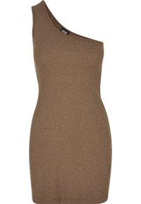 Robe marron en maille sans manches, une épaule, ajustée, avec une texture côtelée et longueur au-dessus du genou.