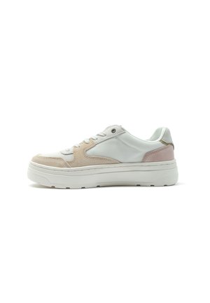 White sneaker with beige suede accents, textured fabric, round toe, lace-up design, and a thick white sole. Classic and contemporary styling.