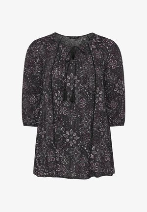 Donker blouse met paisley-patroon, 3/4 mouwen, ronde hals en franjes aan de voorkant.