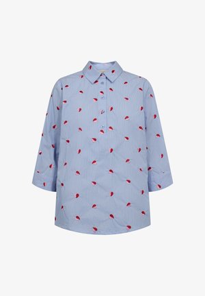 Light blue long-sleeve blouse with small red leaf patterns, buttoned neckline, and a classic collar.