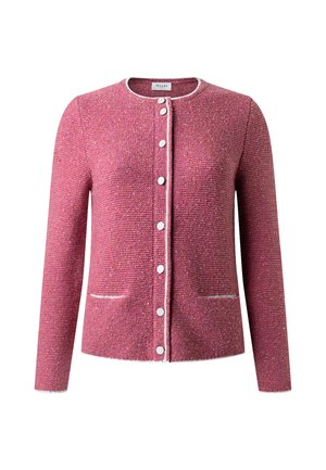 Pink tekstureret strikket cardigan til kvinder med hvid kant, rund halsudskæring, knapper foran, lange ærmer og to små forlommer.