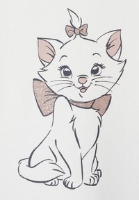 Karikatur einer Katze mit weißem Fell, großen Augen und einer rosa Nase. Sie trägt eine glitzernde rosa Schleife und ein passendes Halsband. Einfache schwarze Kontur.
