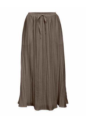 Plisowana maxi spódnica w stonowanym brązowym kolorze, z elastycznym pasem i sznurkiem do regulacji, wykonana z lekkiej, teksturowanej tkaniny.
