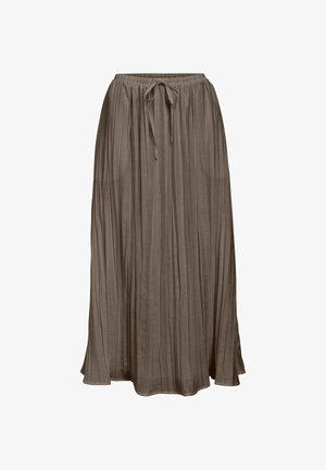 Plisowana maxi spódnica w stonowanym brązowym kolorze, z elastycznym pasem i sznurkiem do regulacji, wykonana z lekkiej, teksturowanej tkaniny.