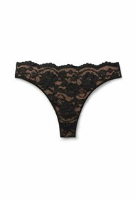 String noir en dentelle avec motif floral, présentant un bord festonné et un détail en mesh transparent. Texture douce et délicate avec un design à couverture arrière minimale.