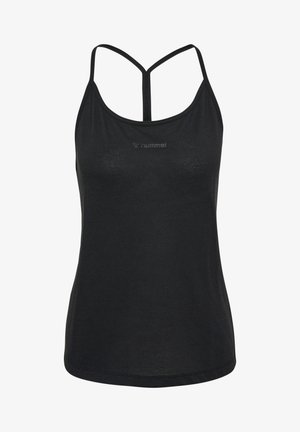 Black athletic tank top with thin, adjustable straps. Features breathable mesh texture and a small logo on the front.