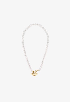 Collar de perlas con perlas redondas y blancas de textura suave. Terminado con un cierre de toggles dorados.