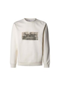 Sudadera color crema de algodón, con un estampado gráfico y texto que dice "Pepe Jeans LONDON" en el frente. Mangas largas.