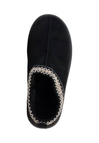 Chausson doux noir avec couture décorative beige et blanche autour de l'ouverture, vu de dessus sur un fond blanc.