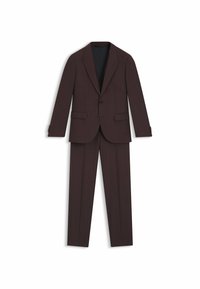 Dark burgundy suit featuring a textured fabric, two-button blazer with notched lapels, and straight-leg trousers. Classic design with minimal detailing.