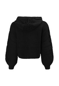 Schwarzer kurzer Hoodie mit Zopfmuster an den Ärmeln, strukturierter Stoff und Kapuze. Mit gerippten Bündchen und Saum für eine eng anliegende Passform.