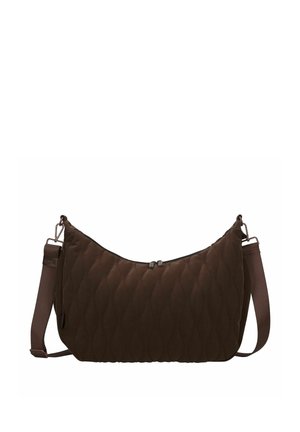 Borsa a tracolla trapuntata marrone scuro con tracolla regolabile e chiusura con zip, progettata per un uso casual o quotidiano.