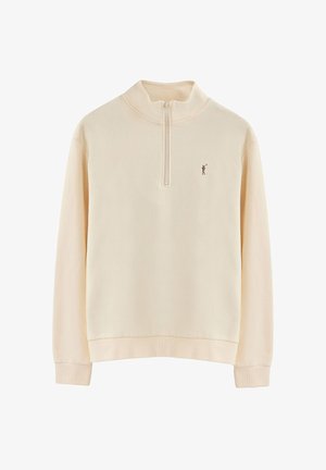Felpa a zip con quarti di manica di colore crema, con polsini e orlo a coste, caratterizzata da un piccolo logo ricamato sul lato sinistro del petto. Tessuto morbido.