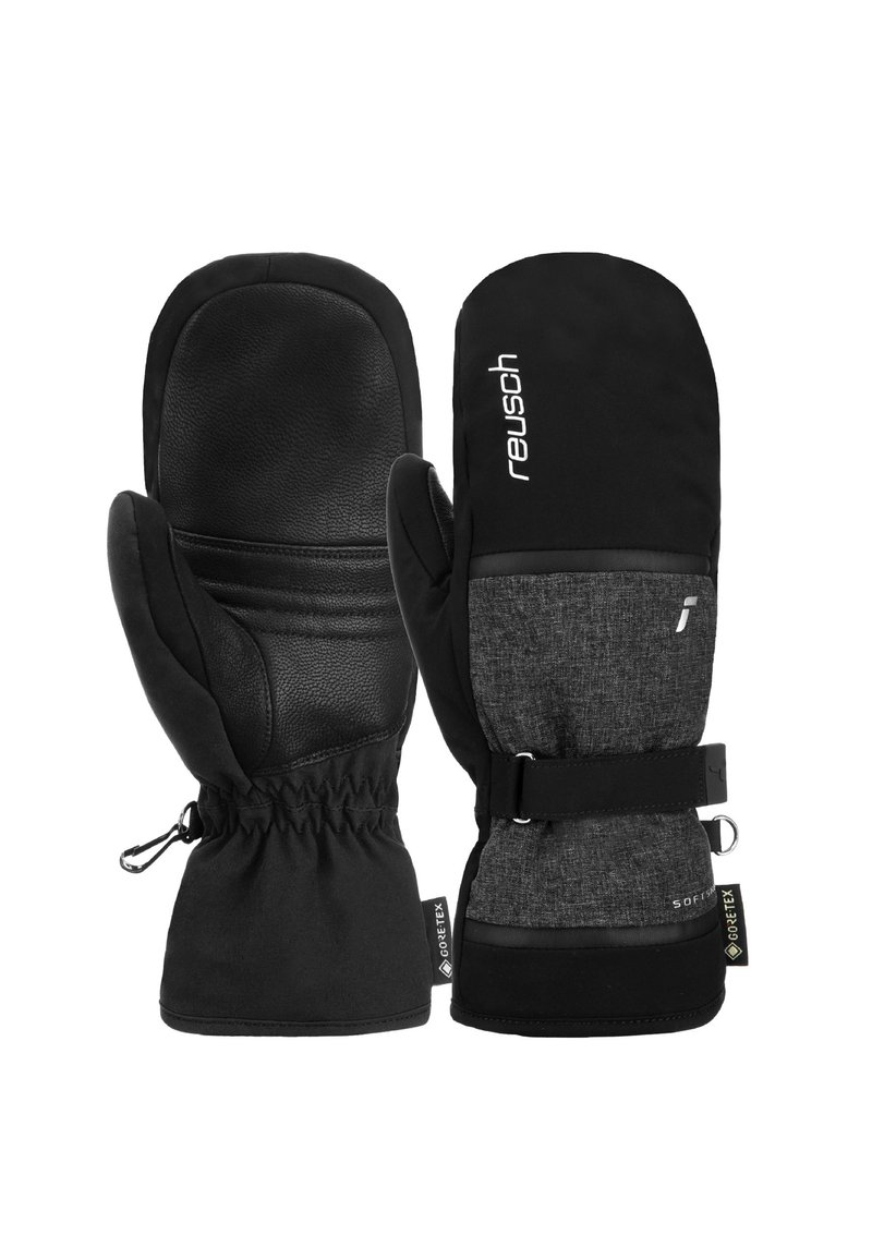 Schwarze und graue Fäustlinge mit einer Lederhandfläche und einem weichen Obermaterial. Verfügt über ein gerafftes Handgelenk und einen verstellbaren Riemen für einen sicheren Sitz.