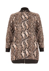 Ritjas in een slangenprintpatroon, met beige, bruin en zwarte kleuren. Ribgebreide kraag en manchetten; lichtgewicht stof.