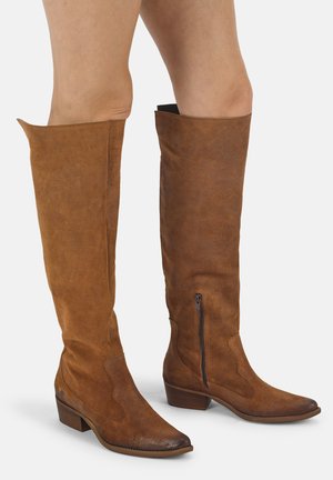Braune kniehohe Wildlederstiefel mit niedrigen Absätzen und seitlichem Reißverschluss, getragen auf nackten Beinen, von vorne und der Innenseite gezeigt.