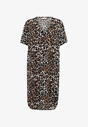 Leopardmönstrad klänning i nyanser av brunt, svart och vitt. Korta ärmar, V-ringning och avslappnad passform med sprund på sidorna för bättre rörelsefrihet.