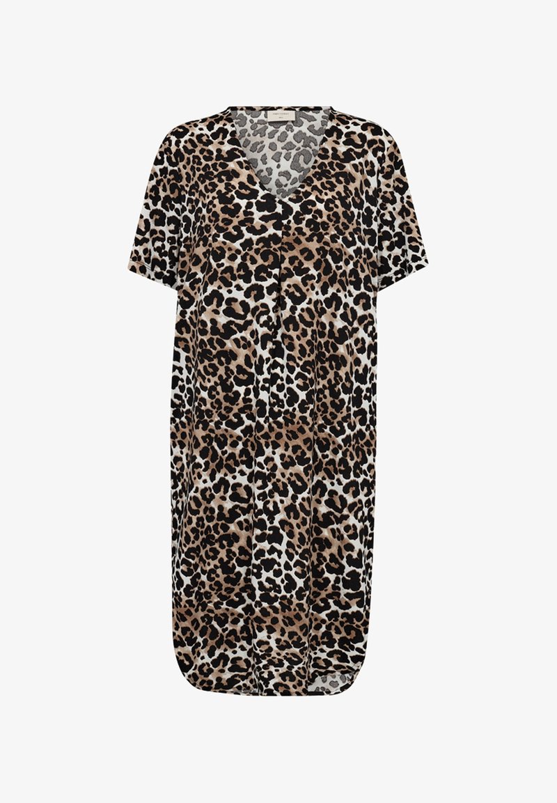 Leopardmönstrad klänning i nyanser av brunt, svart och vitt. Korta ärmar, V-ringning och avslappnad passform med sprund på sidorna för bättre rörelsefrihet.