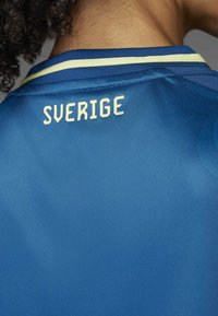 Mėlyna sportinė marškinė su lygiu paviršiumi. Juos puošia kontrastinga geltona juostelė ant apykaklės ir ant nugaros yra spausdinamas žodis "SVERIGE" šviesia spalva.