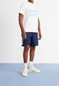 Valkoinen puuvillainen t-paita, jossa sininen adidas-logo, tummansiniset shortsit valkoisilla raidoilla ja beiget lenkkarit, joissa on turkoosit yksityiskohdat. Henkilö seisoo sinisellä pinnalla.