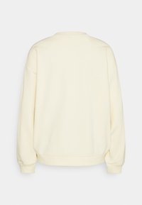 Bluza w kremowym kolorze z okrągłym dekoltem, opuszczonymi ramionami i ściągaczami na rękawach. Miękka, gładka tkanina bez widocznych wzorów.