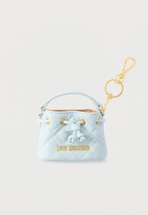Quilted light blue mini bag with gold hardware, featuring a top handle and drawstring closure. Logo “Love Moschino” in gold at the front.