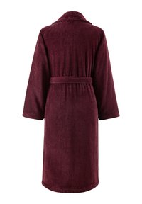Burgundy bathrobe made of soft, absorbent terry fabric; features a shawl collar, long sleeves, and a tied waist belt.