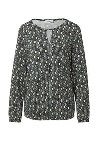 Langärmlige Bluse in Schwarz, Creme und Beige mit einem geometrischen Muster; besitzt einen runden Ausschnitt und ein Schlüsselaugen-Detail an der Vorderseite.