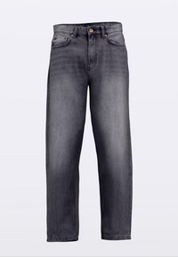 Tmavě šedé džíny z denimu s rovnými nohavicemi, vybavené zapínáním na knoflík, poutky na opasek a kontrastním prošíváním na kapsách.