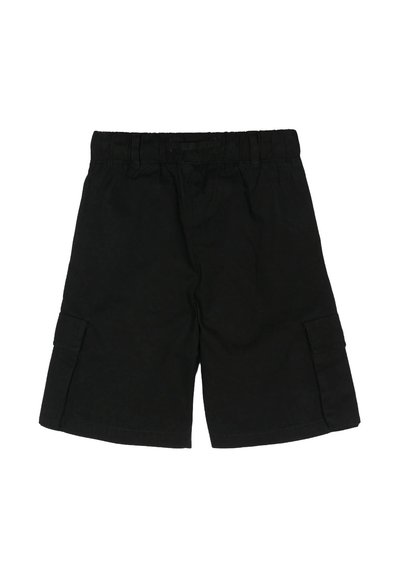 Pantaloni cargo neri realizzati in tessuto con vita elastica, dotati di due tasche laterali e una vestibilità comoda, con una texture liscia.