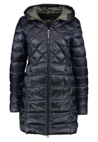 Dark navy quilted puffer coat with hood, featuring a zip closure, smooth texture, and diamond pattern. Lined with a contrasting green interior.