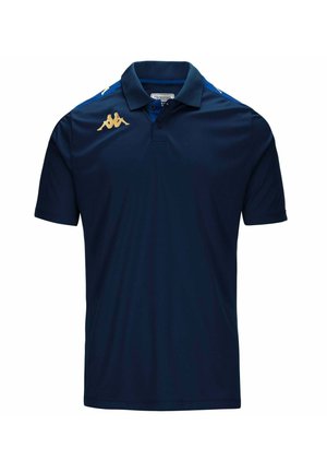 Polo shirt marina realizzato in tessuto morbido. Presenta un colletto classico, maniche corte e un logo dorato sul lato sinistro del petto con dettagli blu sulle spalle.