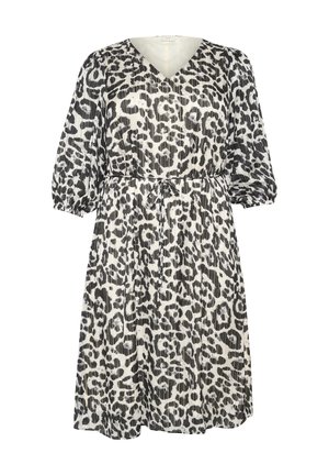 Vestido de estampado de leopardo con escote en V, mangas abullonadas, cinturilla elástica y falda fluida, en colores negro y crema con textura plisada.