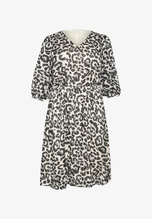 Vestito a stampa leopardata con scollatura a V, maniche puff, vita elastica e gonna fluida, nei colori nero e crema con texture plissettata.