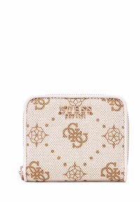 Portafoglio compatto in materiale beige texturizzato, con motivo a logo marrone e hardware dorato. Chiusura a zip lungo il bordo superiore.