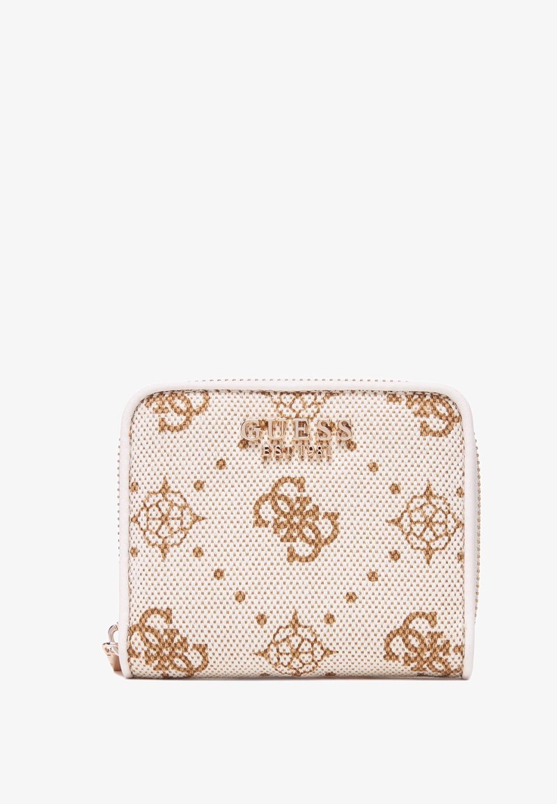Portafoglio compatto in materiale beige texturizzato, con motivo a logo marrone e hardware dorato. Chiusura a zip lungo il bordo superiore.