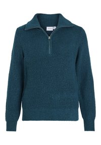 Pull en maille teal avec col zippé, texture côtelée, manches longues et coupe décontractée. Présente un éclat subtil avec une finition douce.
