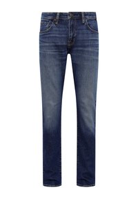 Jeans de denim azul de pierna recta clásica, con bolsillos frontales, cierre de botón y un ligero desgastado en los muslos y las rodillas.
