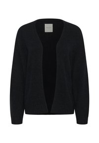 Dunkel gestrickte Strickjacke mit tiefem V-Ausschnitt, offenem Vorderdesign, langen Ärmeln und gerippten Bündchen. Weiche Textur in einer einfarbigen Ausführung.