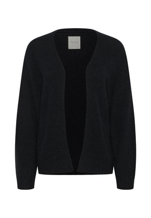 Donker gebreide cardigan met een diepe V-hals, een open voorkant, lange mouwen en geribbelde manchetten. Zachte textuur in een effen kleur.