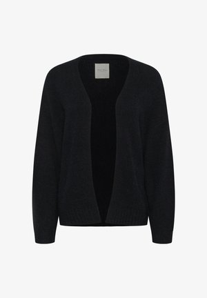 Gilet en maille sombre avec un décolleté en V plongeant, design ouvert à l'avant, manches longues et poignets côtelés. Texture douce dans une couleur unie.