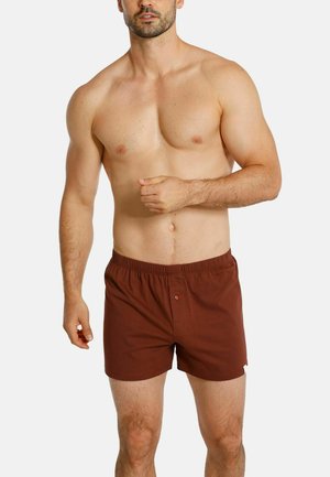 Brown swim trunks with an elastic waistband, a single button closure at the front, and a smooth fabric texture.
