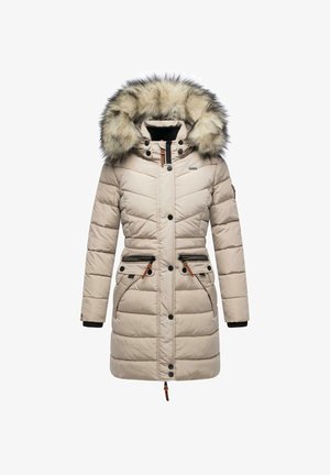 Beige Daunenjacke mit Kapuze aus Fellbesatz, horizontaler steppierter Textur, mit Reißverschlusstaschen und Druckknöpfen. Mit schwarzen und braunen Akzenten.