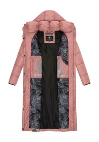 Padded pink long coat with a high collar, featuring a black and palm-patterned lining and red accents, zip closure, and adjustable cuffs.