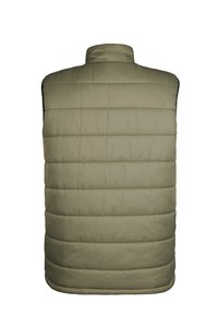 Khakifarbene Puffer-Weste mit hohem Kragen, gestepptem Design und eleganten schwarzen Seiteneinsätzen. Glatte Textur, abgerundeter Saum und keine Beschläge.