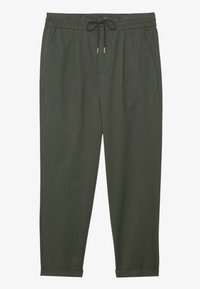 Mörkgröna byxor med elastisk midja och dragsko, avsmalnande ben, sidofickor och uppvikta fållar. Slät texturerad tyg utan mönster.