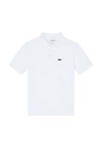 Witte polo shirt van katoen, met een klassieke kraag, een drie-knopen knoopsluiting en een groen Lacoste krokodil logo op de borst.